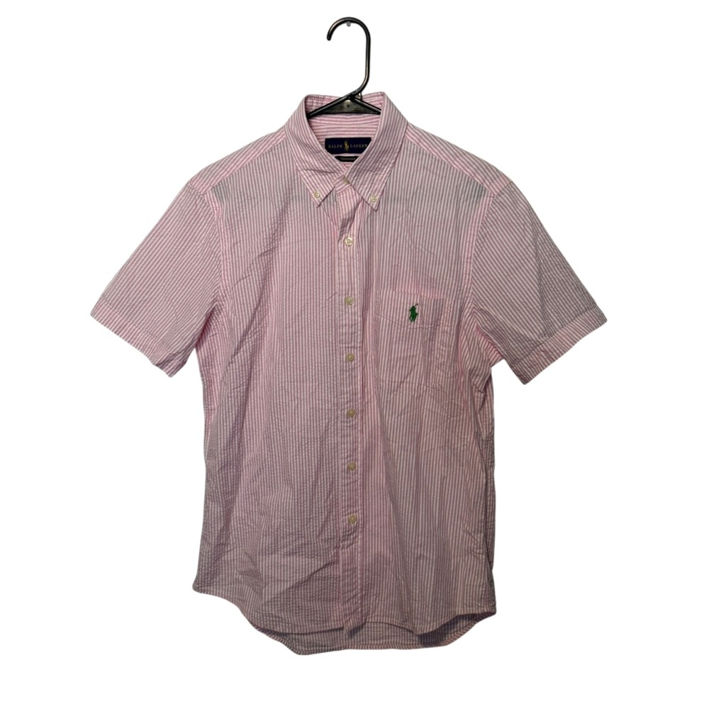 Ralph Lauren Shirt Mens Small Pink Striped Seersucker Short Sleeve Pony Preppy